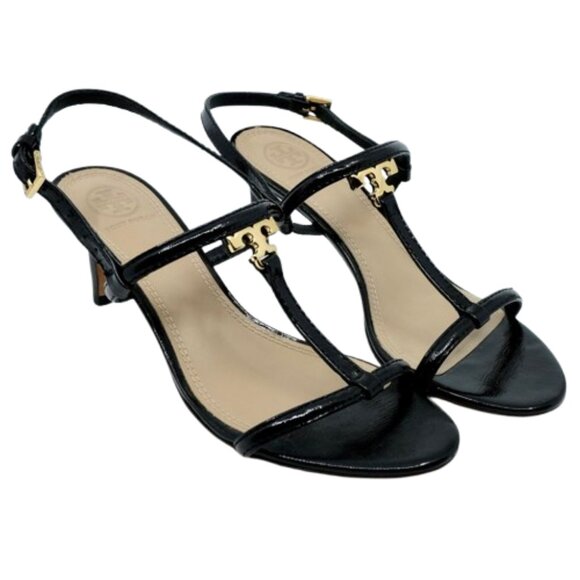 TORY BURCH~T-Logo~BLACK PATENT SAFFIANO HEELED STRAPPY SHOES 7.5M - Picture 5 of 7